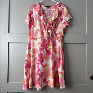 Danillo Boutique‎ Geometric Pastel Dress Women Sz 14 Pink Flutter Sleeves V Neck